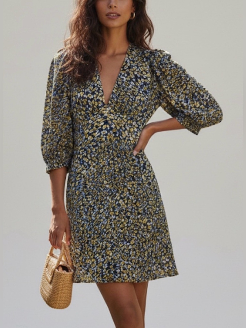 REISS Daisy Puff Sleeve Floral Mini A Line Dress V-Neck  Blue Size 6